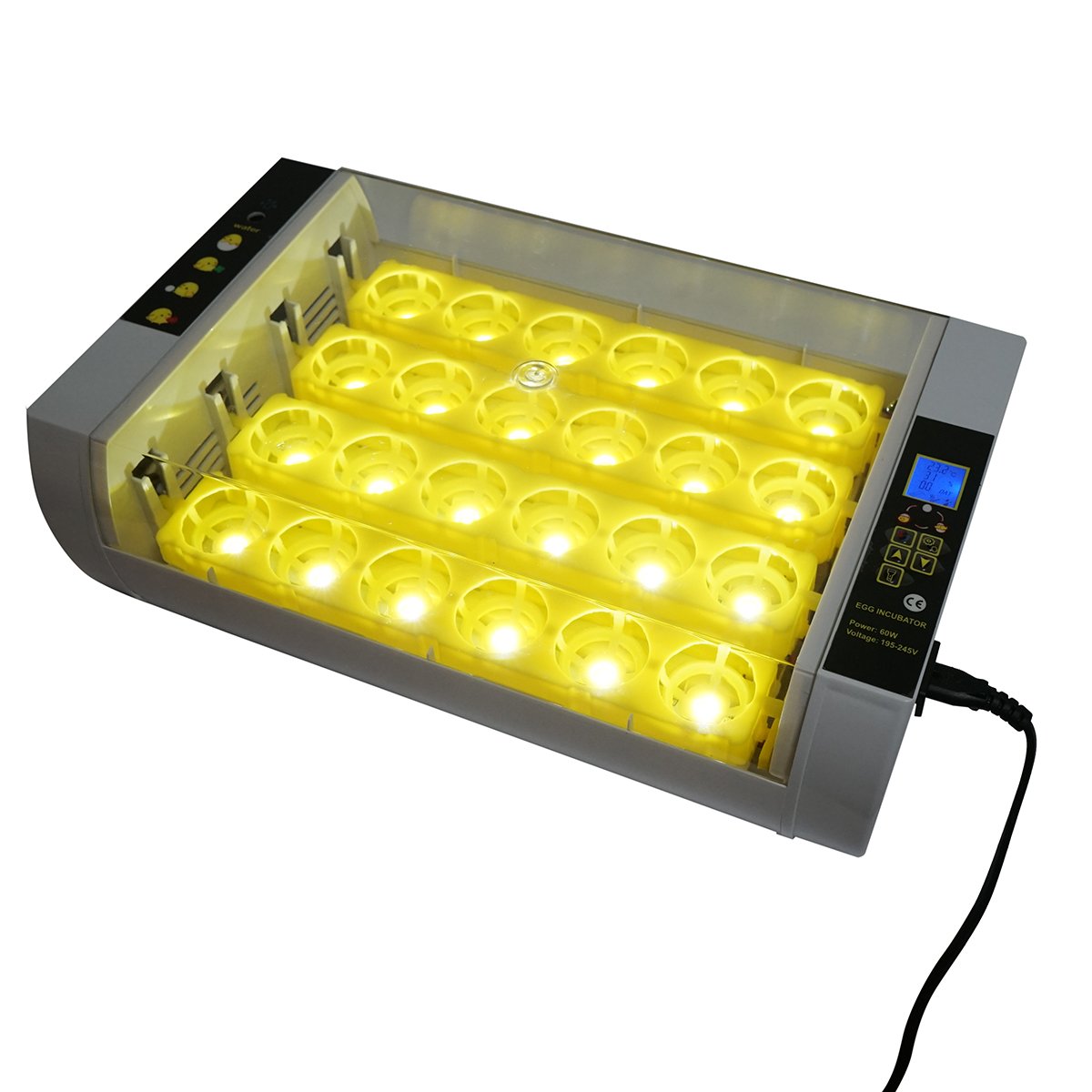 Incubator automat 24 oua 60W, 220V, rotire automata, control temperatura, umiditate, afisaj electronic, tava iluminata LED